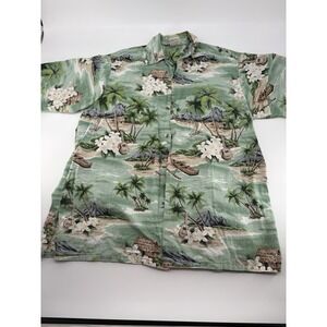 Vintage Go Barefoot Hawaiian Shirt Mens Medium M Green Palm Trees Scenic VTG USA